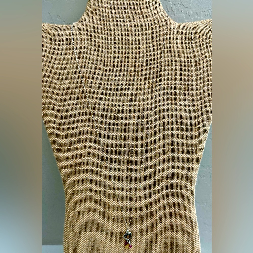 Hand crafted SS 21” necklace with 2 rubies, citrine & sterling heart charm.